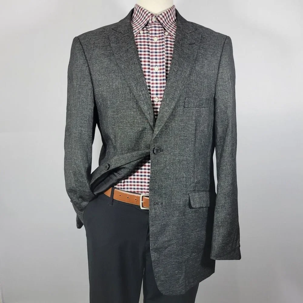 Stacy Adams Men's Sport Coat‎ Blazer Two Button Charcoal Black Gray Plaid 44L